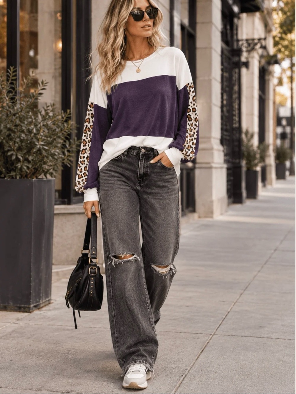 Bold Colorblock Pullover with Leopard Sleeve Accents